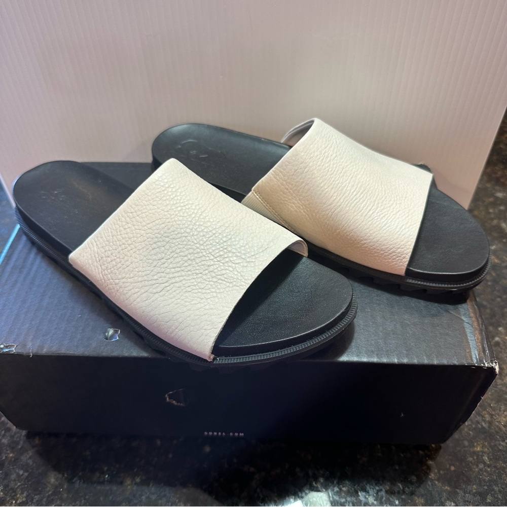 Women's Sorel Roaming Decon Slide Sandals Leather Sea Salt New Size 10